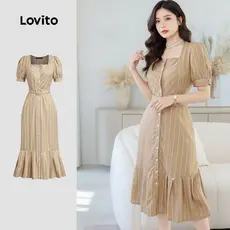 Lovito Vestido Feminino Geométrico Casual para Primavera e Verão em Caqui L154ED175