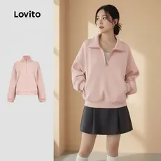 Lovito Blusa Rosa Feminina com Zíper Manga Longa e Bolso Inverno L159AD356