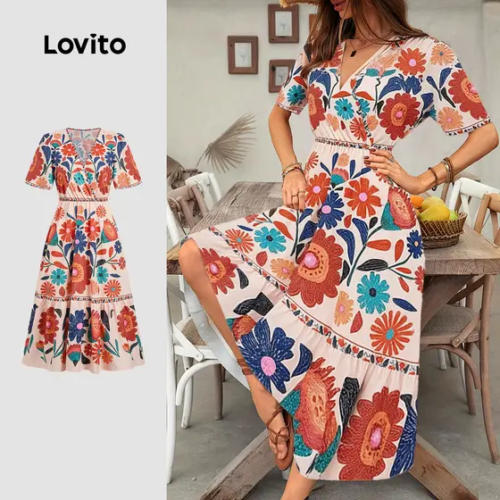 Lovito Vestido Longo Estampado Boho Pregado Primavera/Verão para Mulheres LBL32132