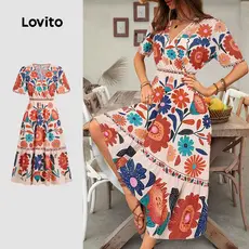 Lovito Vestido Longo Estampado Boho Pregado Primavera/Verão para Mulheres LBL32132