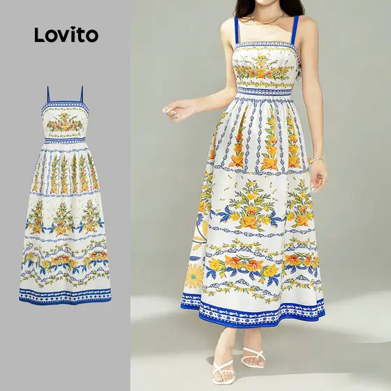 Lovito Vestido Boho Linha Estrutural Vestido Primavera/verão para Mulheres LK3LD309
