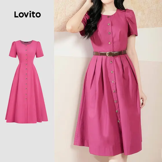(NEW) Lovito Vestido Elegante Plissado Primavera/verão Rosa Vermelho para Mulheres L178ED1380