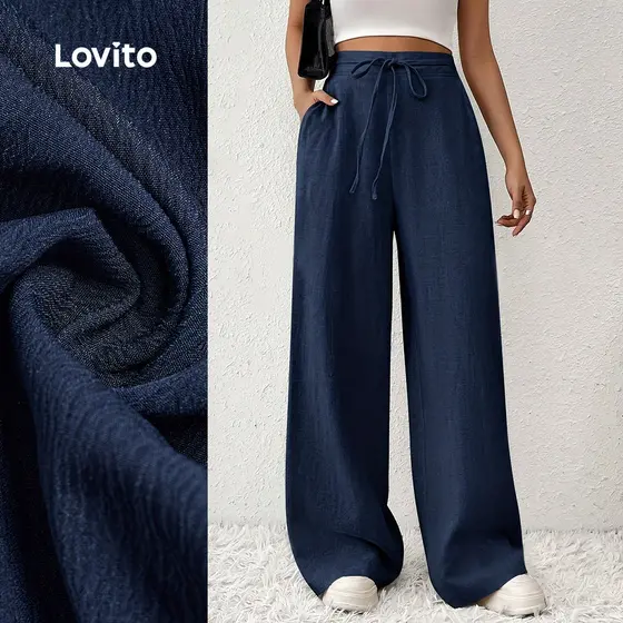 Lovito Calça Casual com Amarração Clássica e Versátil Primavera/verão Azul para Mulheres LBL33106