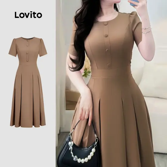 Lovito Vestido Casual Pregueado Botão Primavera/verão Marrom para Mulheres L164ED198