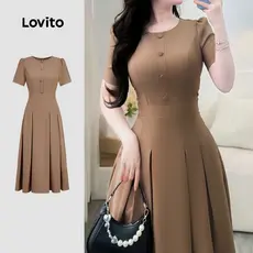 Lovito Vestido Casual Pregueado Botão Primavera/verão Marrom para Mulheres L164ED198