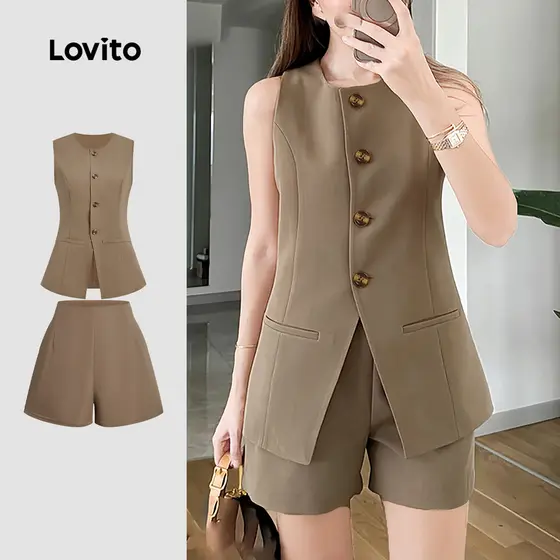 Lovito Tops ou Bottoms Botão Casual Simples Zíper Primavera/verão Blusa Cáqui Tops ou Bottoms para Mulheres. L178ED878