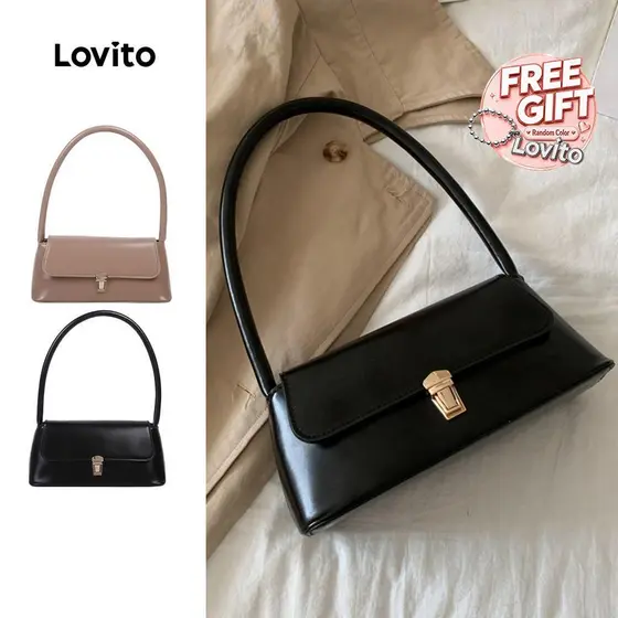Lovito Bolsa de Ombro Pequena Casual com Fivela Metálica Preta Bolsa de Ombro Pequena para Mulheres LFA113022