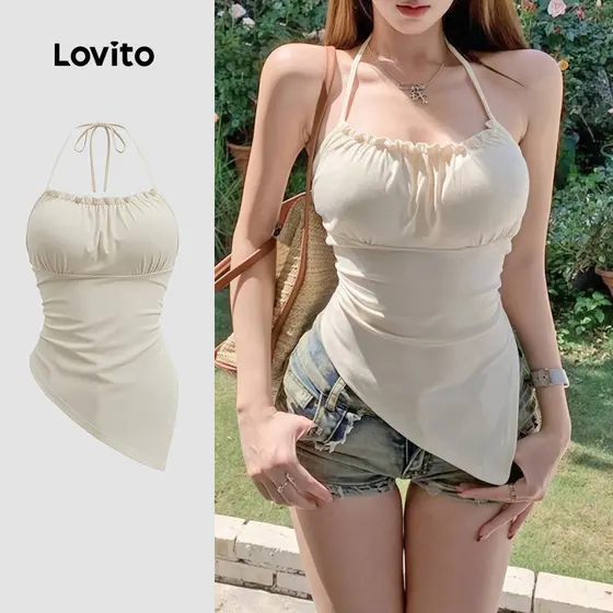Lovito Top Casual Assimétrica Plissada Cor Damasco para Mulheres Primavera/Verão LNE141034