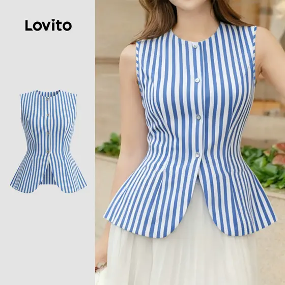 Lovito Top Casual com botão de bolso falso primavera/verão azul para mulheres LK3ED890