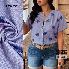 Lovito Blusa Casual com Botão Frontal Padrão Primavera/verão Blusa Azul para Mulheres LBL33074