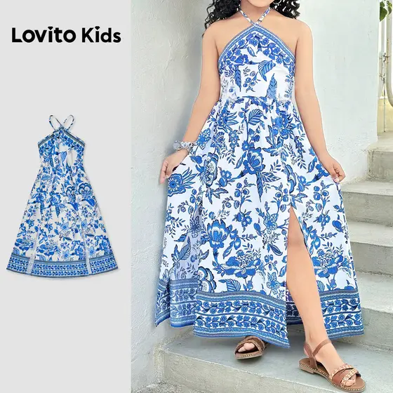 Lovito Kids Vestido Boho Cruzado Azul Primavera/verão para Meninas L186LD216