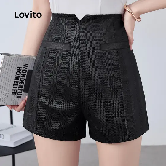 Lovito Shorts Elegantes Jacquard Bolso Falso Primavera/verão Preto para Mulheres L172LD1455