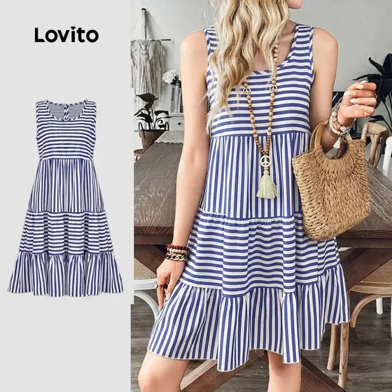 Lovito Vestido Boho Estilo Resort De Férias Tecido Costurado Vestido Primavera/verão Para Mulheres LBL30199
