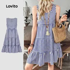 Lovito Vestido Boho Estilo Resort De Férias Tecido Costurado Vestido Primavera/verão Para Mulheres LBL30199