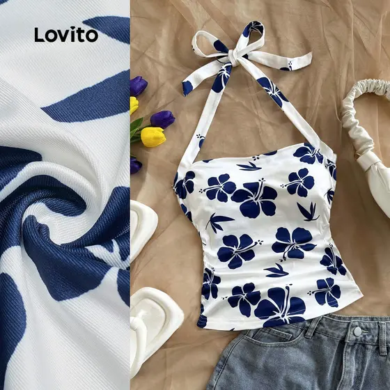 Lovito Casual Top Lace Up Pattern Pleated Primavera/verão para Mulheres. L172LD1798