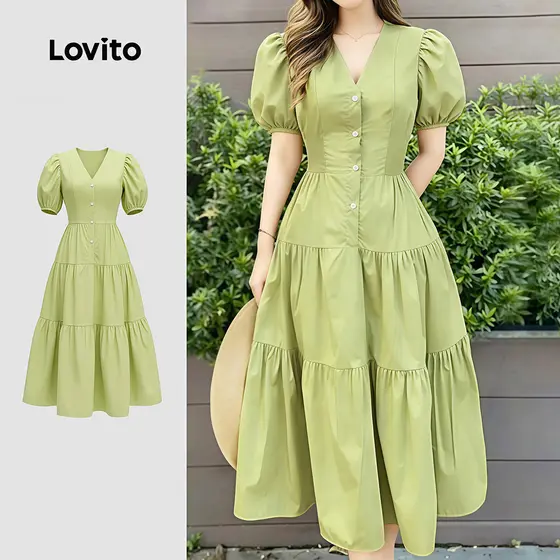 (NEW) Lovito Vestido Casual Linha Estrutura Lazer Simples Primavera/verão Verde para Mulheres LK4ED1552