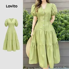 (NEW) Lovito Vestido Casual Linha Estrutura Lazer Simples Primavera/verão Verde para Mulheres LK4ED1552