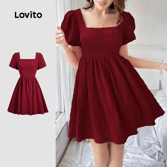 Lovito Vestido Curto Casual Em Jacquard Modelo Evasê Vermelho Para Primavera/verão L155ED1365