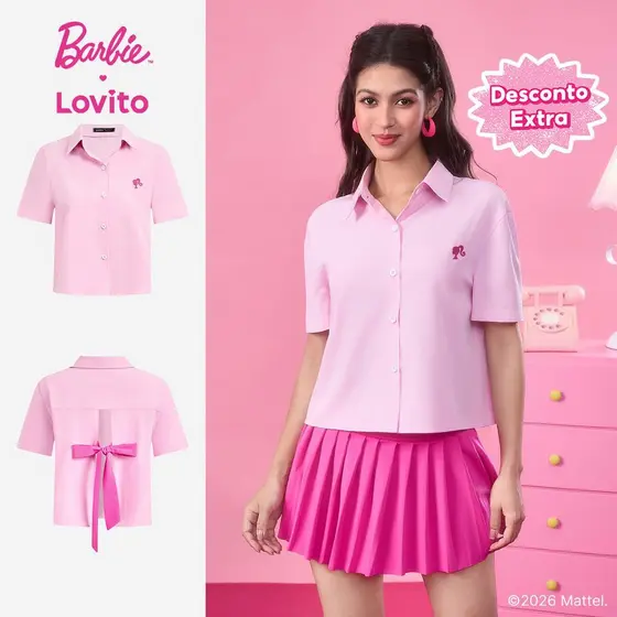 [Mid Year Sale]Barbie™ X Lovito Blusa Casual Rosa De Manga Curta Com Botões Para Primavera/verão LB1AD022