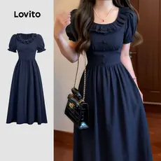 Lovito Vestido Casual Azul Com Babados E Botões Primavera E Verão Para Mulheres L171ED471