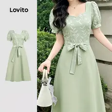 Lovito Vestido Casual Arco Primavera/verão Vestido Verde para Mulheres LK3ED156