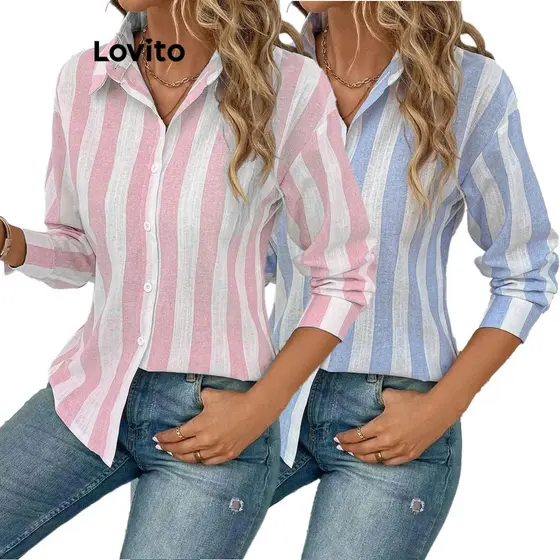 Lovito x Glenda Blusa Casual Listrada Com Botões Colorblock Para Mulheres LNL54004 (Multicolorido)