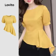 Lovito Blusa Casual Plissada Assimétrica Primavera/verão Amarela Feminina L183ED064