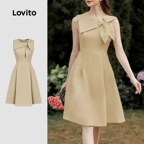 Lovito Vestido Elegante Casual para Deslocamento Assimétrico Com Laço Na Cor Cáqui Primavera/verão Mulheres L171ED100