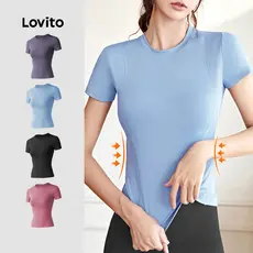 Lovito Camiseta Esportiva Esportiva Yoga Gola Redonda Academia Camisa Dri Fit Corrida Roupa de Treino LNA133023