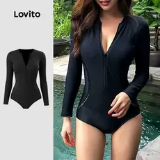 Lovito Maiô Onepiece Esportivo com Recorte para Primavera/verão Preto Maiô Onepiece para Mulheres LNE130060