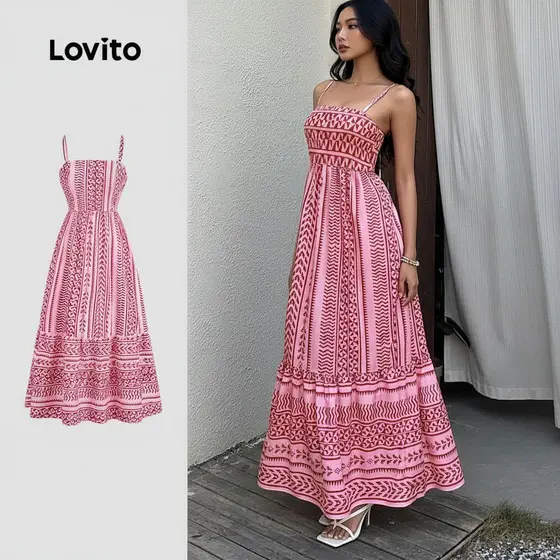 Lovito Vestido Casual Estilo Boho com Babados Verão Feminino LBL30095