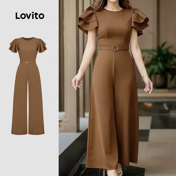 Lovito Macacão Elegante Com Cinto E Babados Primavera/verão Na Cor Marrom para Mulheres L164ED324