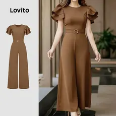 Lovito Macacão Elegante Com Cinto E Babados Primavera/verão Na Cor Marrom para Mulheres L164ED324