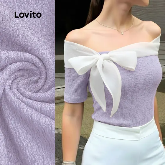 Lovito Camiseta Casual Plissada Colorblock Laço Casamento Formatura Primavera/verão Roxa para Mulheres L171ED580