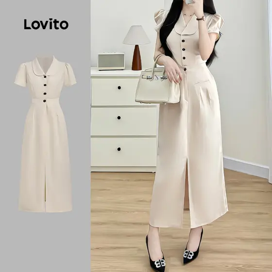 (NEW) Lovito Vestido Elegante com Botão Pregueado Primavera/verão Khaki para Mulheres L177ED1018