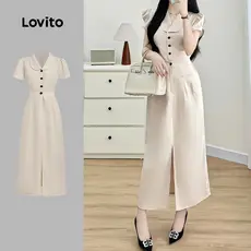 (NEW) Lovito Vestido Elegante com Botão Pregueado Primavera/verão Khaki para Mulheres L177ED1018