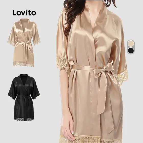 Lovito Robe Casual Cetim Seda Gelada Fresco Sensual E Moderno Amarração Frontal De Renda Loungewear Feminino LNE143074