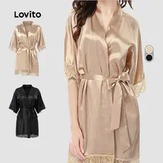 Lovito Robe Casual Cetim Seda Gelada Fresco Sensual E Moderno Amarração Frontal De Renda Loungewear Feminino LNE143074