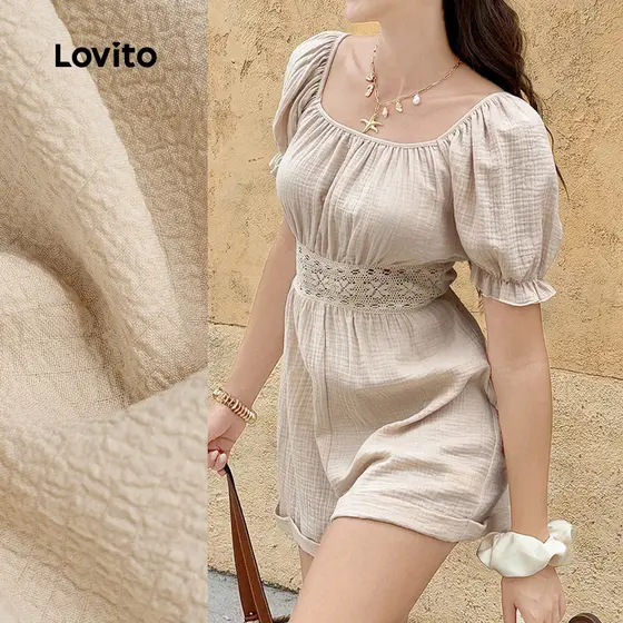 Lovito Macacão Casual de Tecido de Renda com Costura Plissada para Primavera/verão Khaki para Mulheres L171ED197