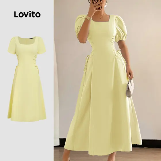 Lovito Vestido elegante com cadarço e zíper primavera/verão vestido amarelo para mulheres LK3LD424
