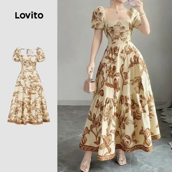 Lovito Vestido Longo Casual Estampado Com Babados Na Barra E Modelagem Estruturada Primavera/verão Mulheres LBL32094