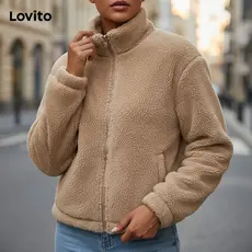 Lovito Casaco Feminino Básico com Zíper em Cores Lisas LNE29211 (Damasco/Marrom/Cáqui Claro/Preto)\2