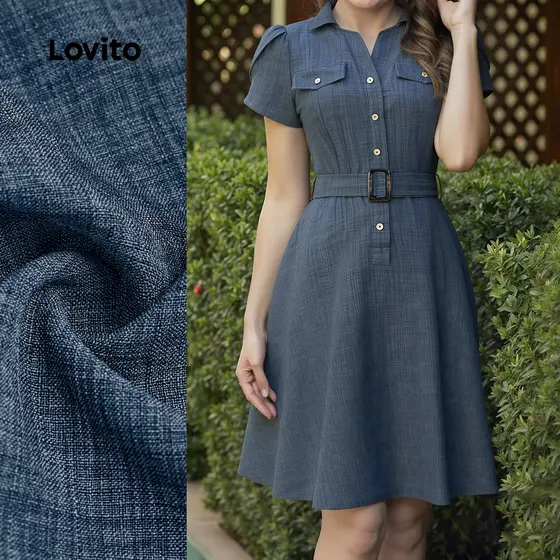 Lovito Vestido Azul Feminino Primavera/verão com Botões Frontais e Cinto LBL32171