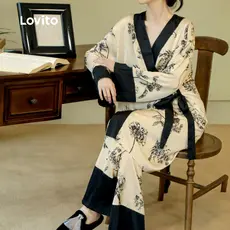 Lovito Robe 2 Peças Seda Estampa Floral Solta Amarração Primavera/Verão LNE130096
