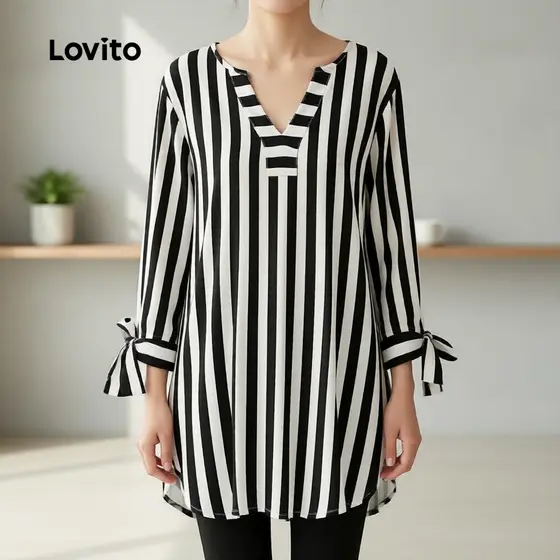 Lovito Blusa feminina listrada casual plus size com amarração e cadarço LBL19053