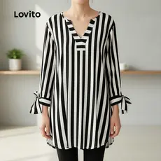 Lovito Blusa feminina listrada casual plus size com amarração e cadarço LBL19053