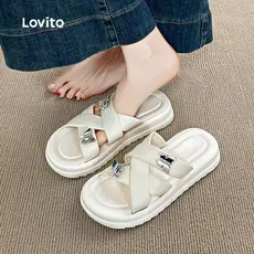 Lovito Sandálias Rasas Casuais com Laço Plataforma de Resort Plataforma Preta LFA112092