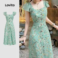 Lovito Vestido Boho Verde com Botões e Zíper para Primavera/verão para Mulheres L171ED239