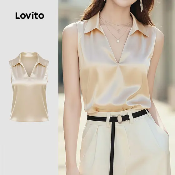Lovito Casual Top para O Trajeto Top Champagne Refinado para a Primavera/verão feminino LK4ED893