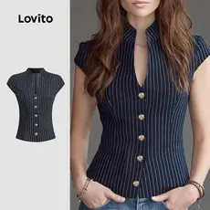 Lovito Blusa Casual com Botões Estrutura Linha Comutar Azul Marinho Blusa para Mulheres L171AD1128